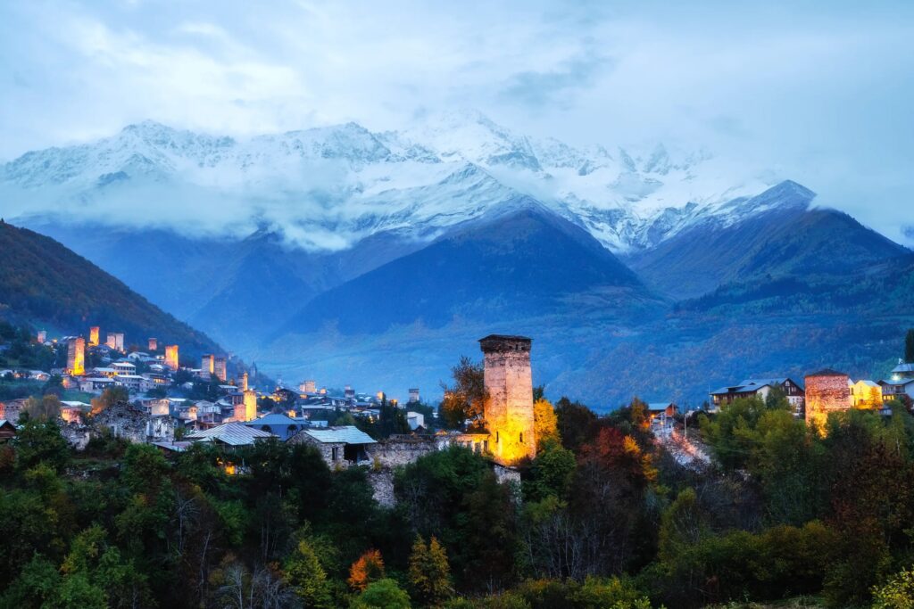 Mestia, Svaneti, Georgia in the Greater Caucasus with traditional Svan Towers