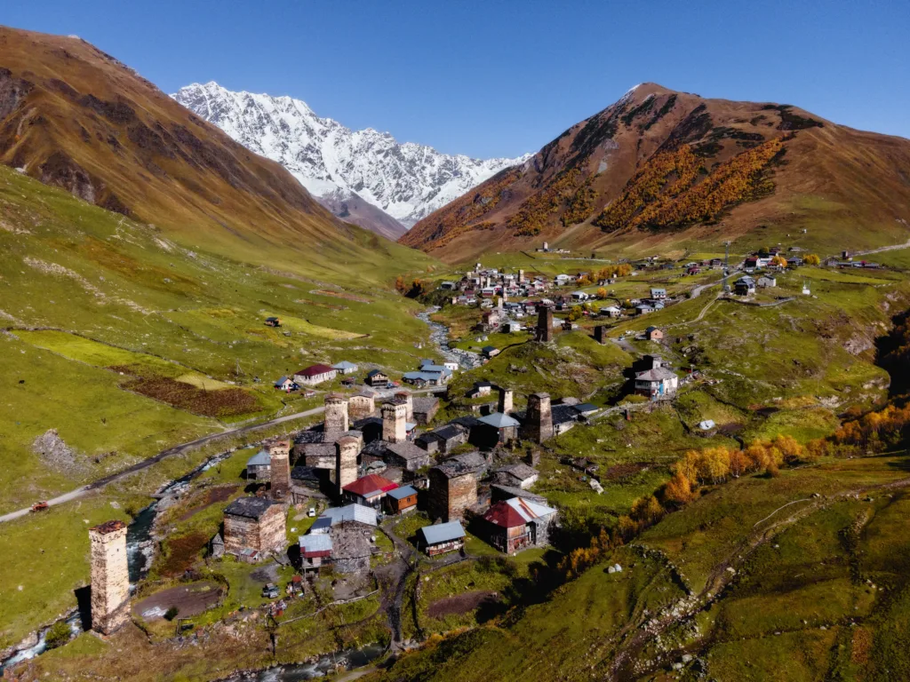 Aerial drone view of Ushguli with Mount Shkhara in the back