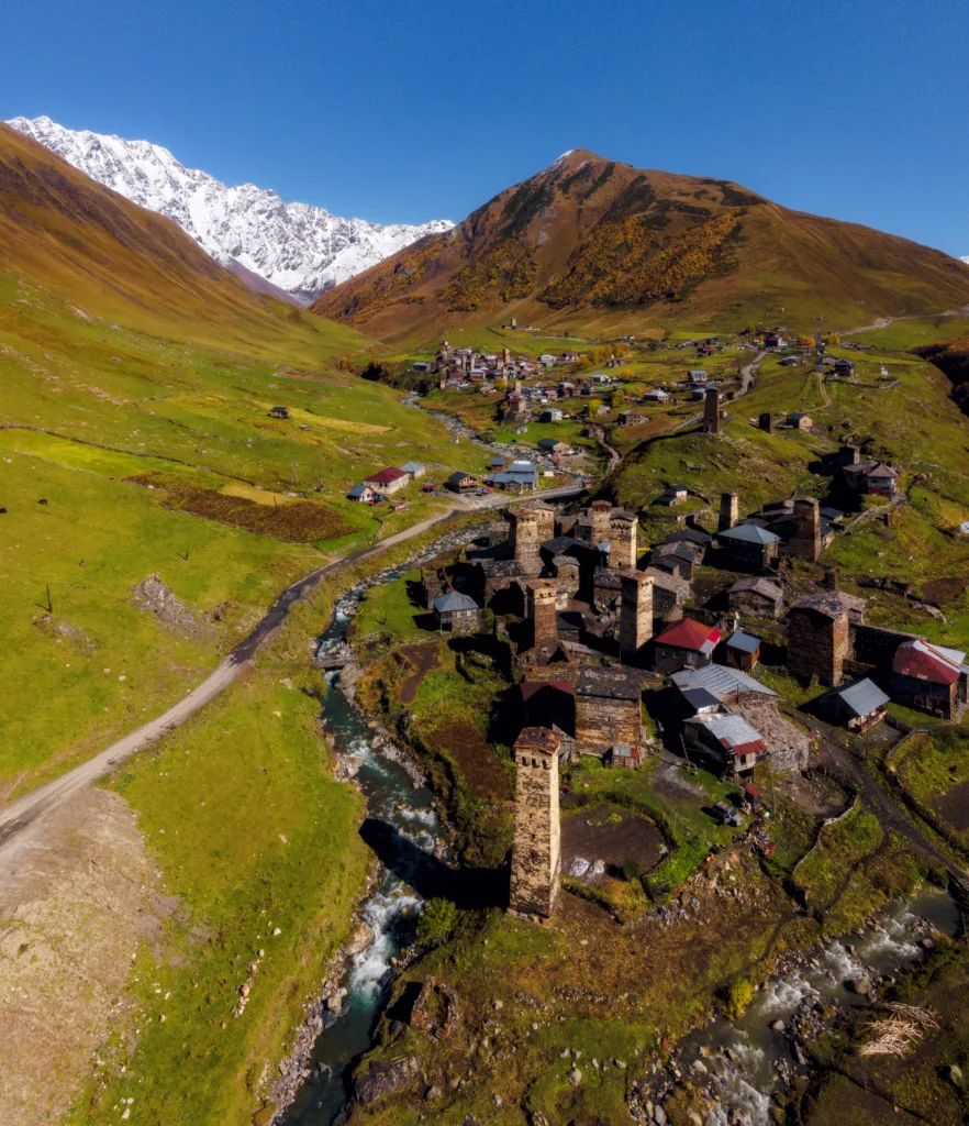 Aerial drone view of Ushguli with Mount Shkhara in the back