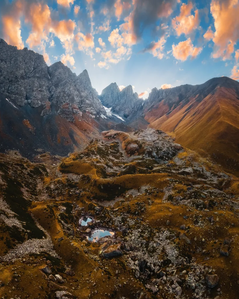 Chaukhi Massif at sunset as seen from Abudelauri Lakes